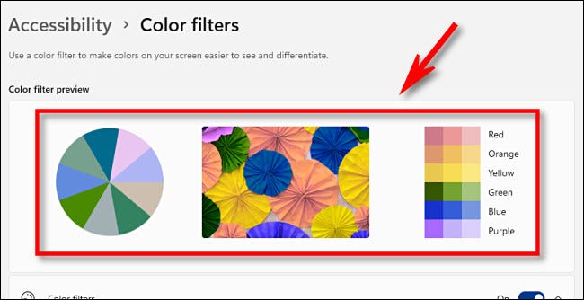 Предварительный просмотр цветных фильтров в области предварительного просмотра цветных фильтров в верхней части страницы настроек.