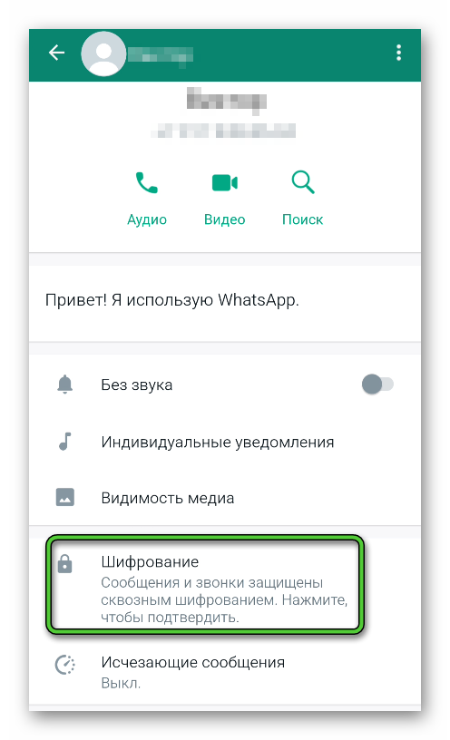 Пункт Шифрование на странице пользователя WhatsApp