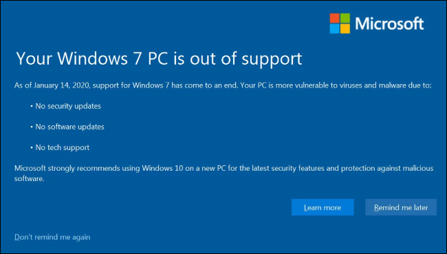 Сообщение Майкрософт о том, что ПК с Windows 7 больше не поддерживается.