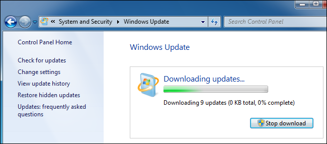 Загрузка обновлений из Центра обновления Windows в Windows 7.