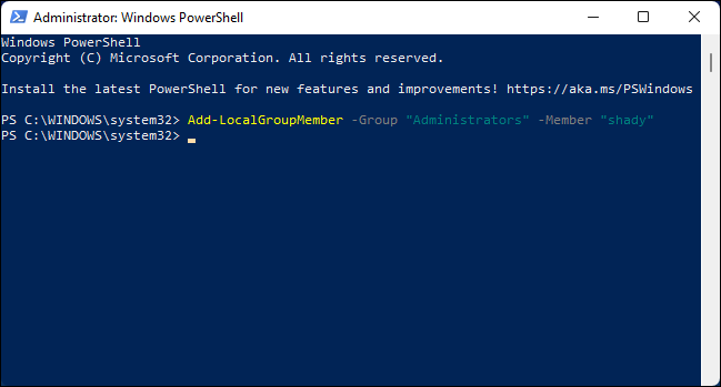 Выполните команду в Windows PowerShell, чтобы изменить пользователя на администратора.