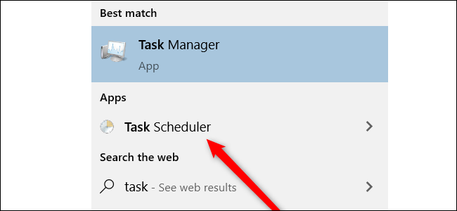 Результаты поиска в Windows 10 показывают планировщик заданий в качестве опции.