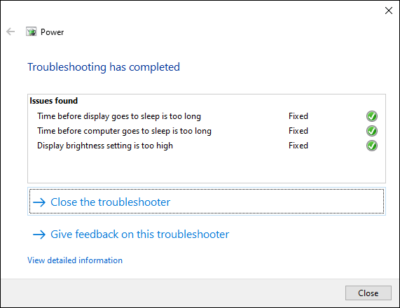 Инструмент устранения неполадок Windows 10, показывающий завершенные изменения параметров питания.