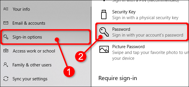 Выберите пароли в настройках Windows 10
