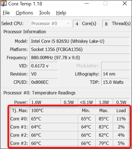 Просмотрите температуру процессора в Core Temp.