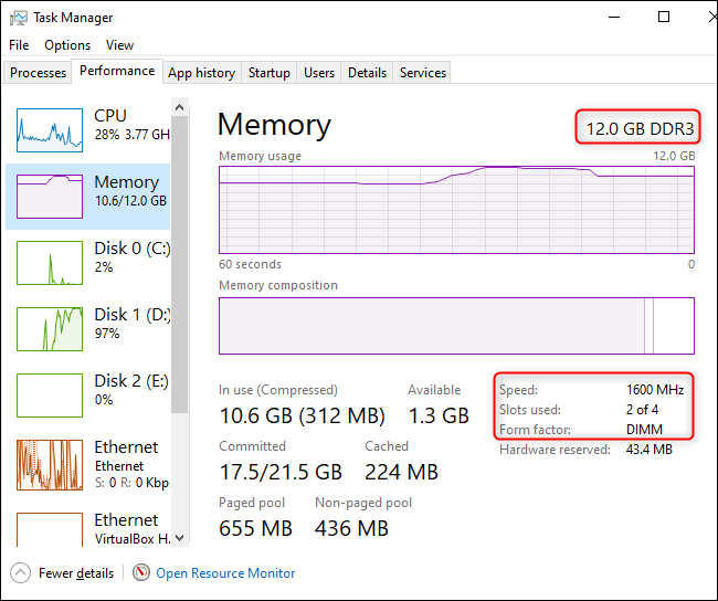 Объем и скорость оперативной памяти, отображаемые в диспетчере задач Windows 10