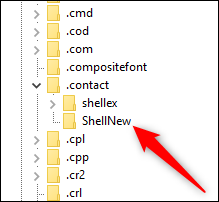 Ключ .contact расширен, чтобы показать ключ ShellNew.