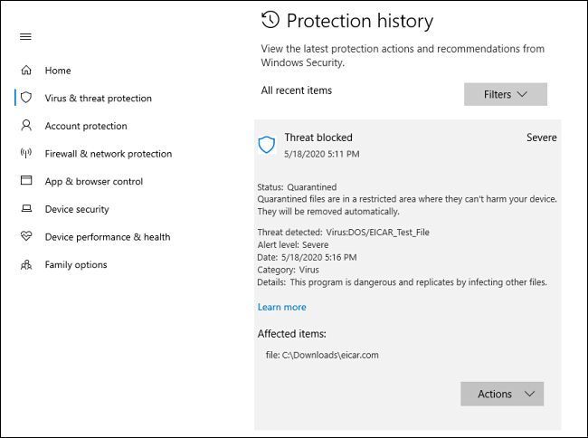 Подробный просмотр угрозы в истории защиты в Windows 10