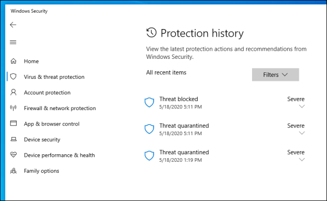 Список истории защиты в Windows Security в Windows 10
