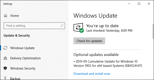 Центр обновления Windows показывает необязательное обновление.