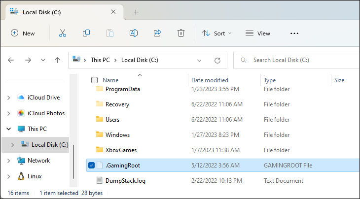 Файл GAMINGROOT на диске C: в Windows 11.
