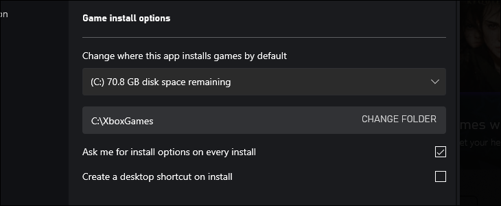 Выбор диска для установки игр в приложении Xbox.