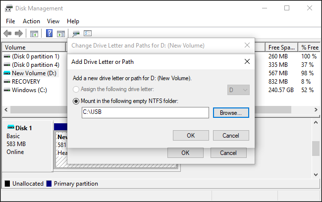 Монтирование диска в пустой папке NTFS в Windows 10.