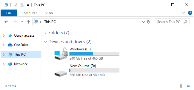 В этом представлении ПК показаны диски C: и D: в Windows 10