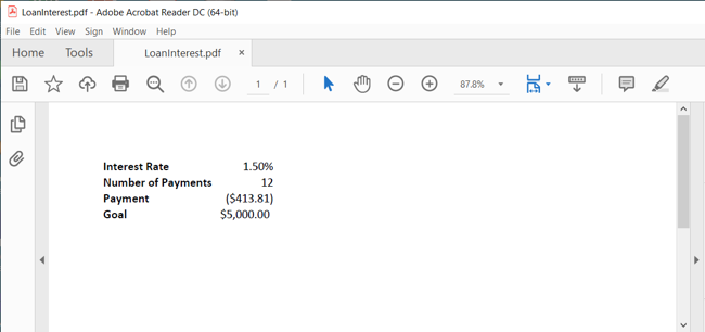 Экспортированный файл PDF с выбранными ячейками из Excel