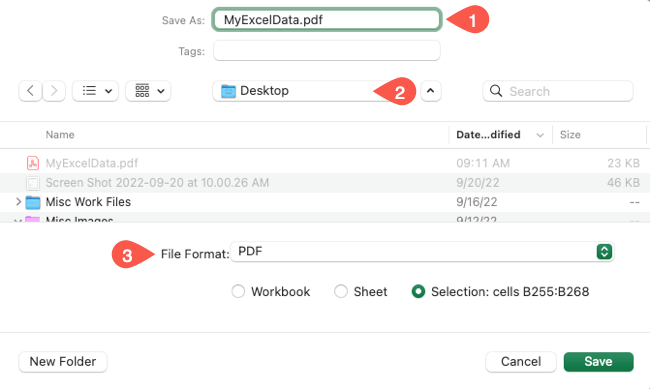 Сохранить как поле для Excel в PDF на Mac