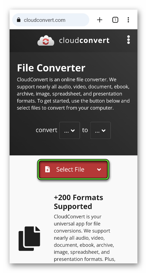 Кнопка Select File на сайте CloudConvert в браузере на Android