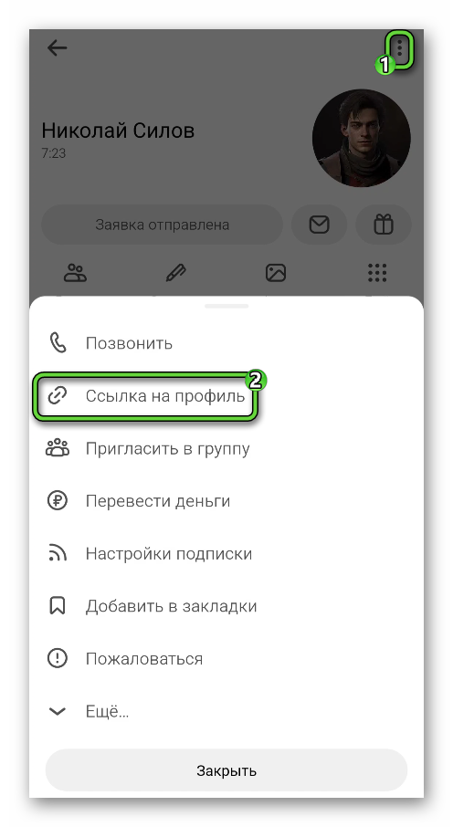 Пункт Ссылка на профиль в меню страницы пользователя в приложении Одноклассники