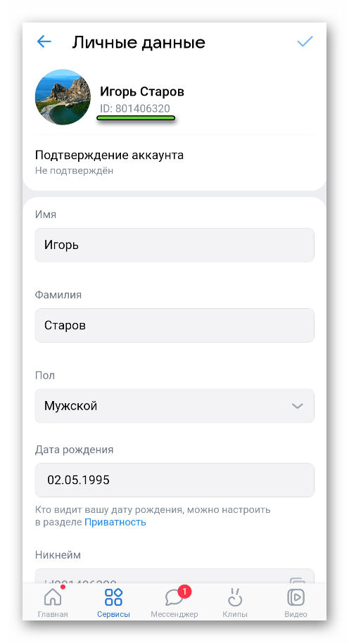 Графа ID на странице Личные данные в приложении ВКонтакте